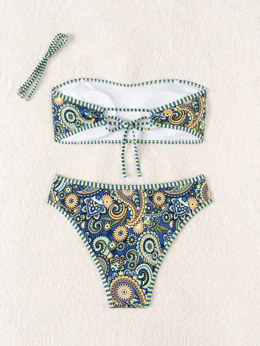 

Paisley-Print Bandeau Bikini Two-Piece With Striped Edging, Adjustable Back Tie, And High-Cut Briefs For Summer Vacation