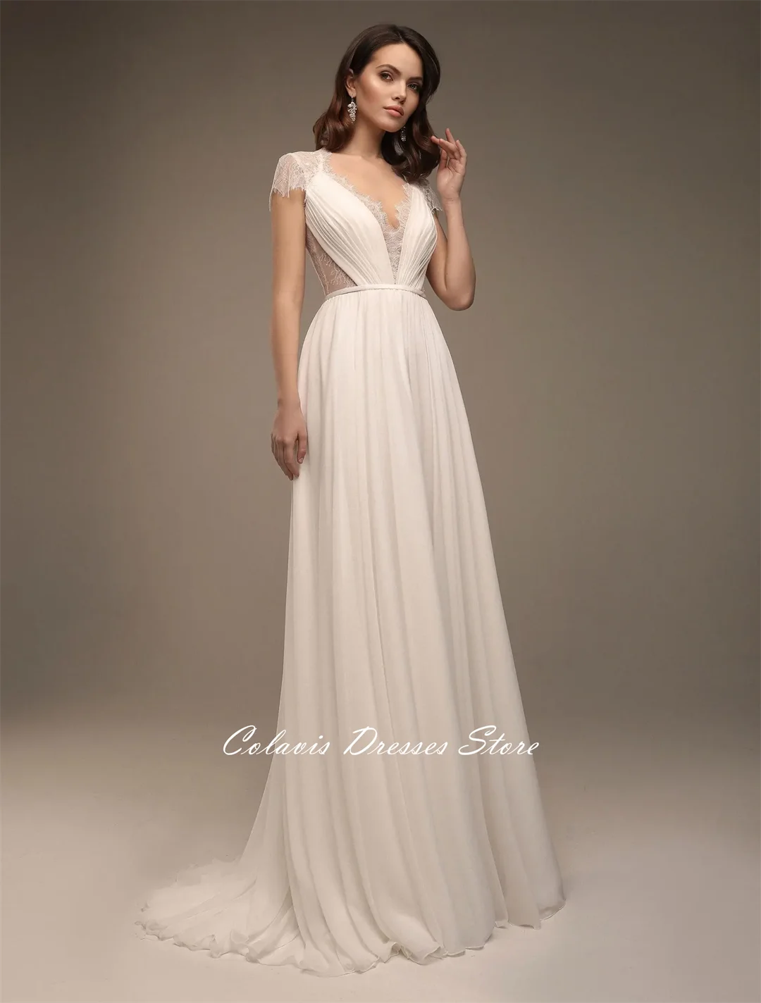 

Fanan Greek Style Bohemain Lace Wedding Dress Customized Chiffon Sweep Train Buttons Bridal Party Gown Vestidos De Novia