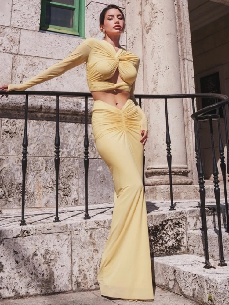 Vestido longo elegante com recorte frontal torcido amarelo – Vestido feminino de manga comprida para coquetel, noite, datas românticas, festa, noite