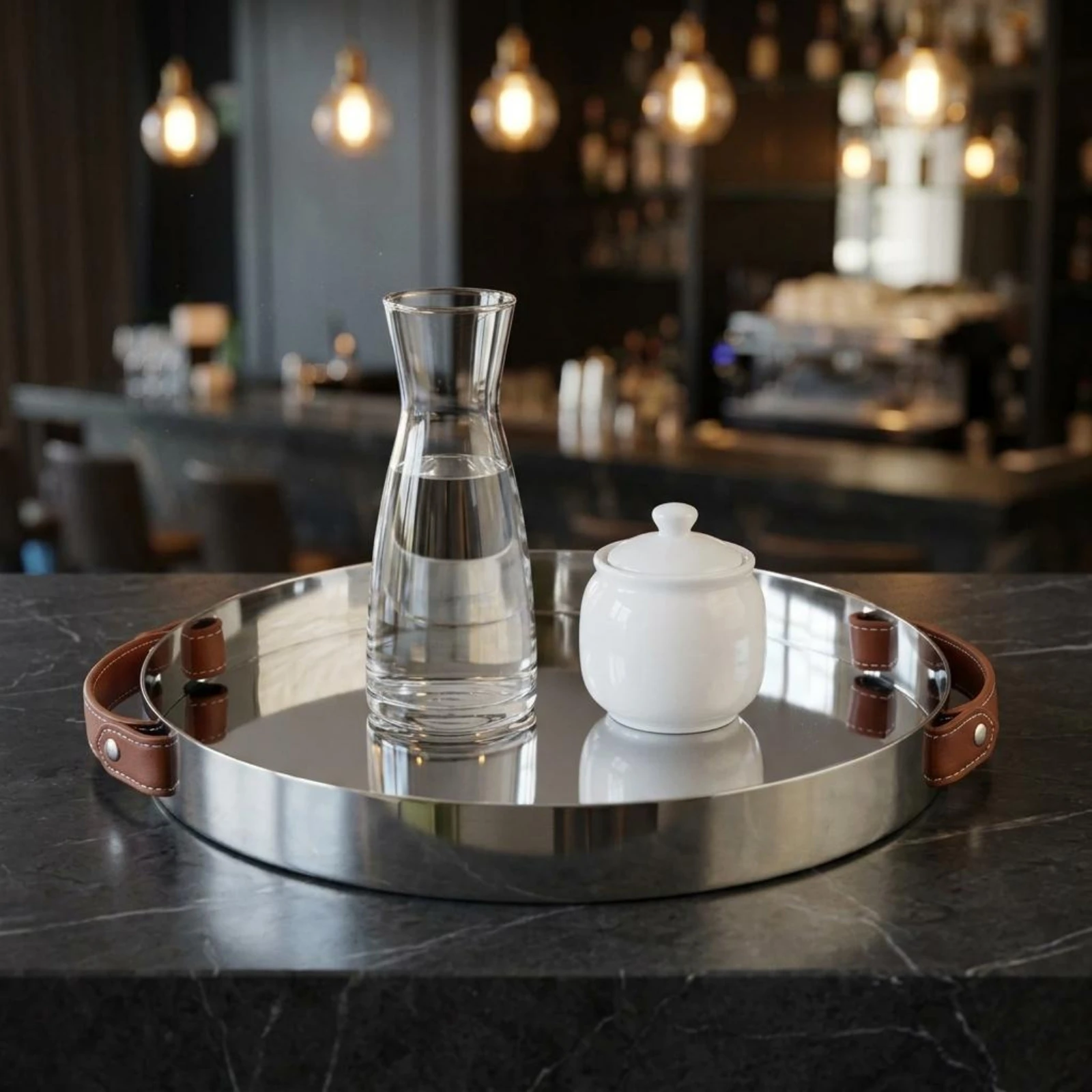 Leather Handled Tray Shallow Rim Mirrored Tray Household Decor Stitched Handles for Tabletop Display