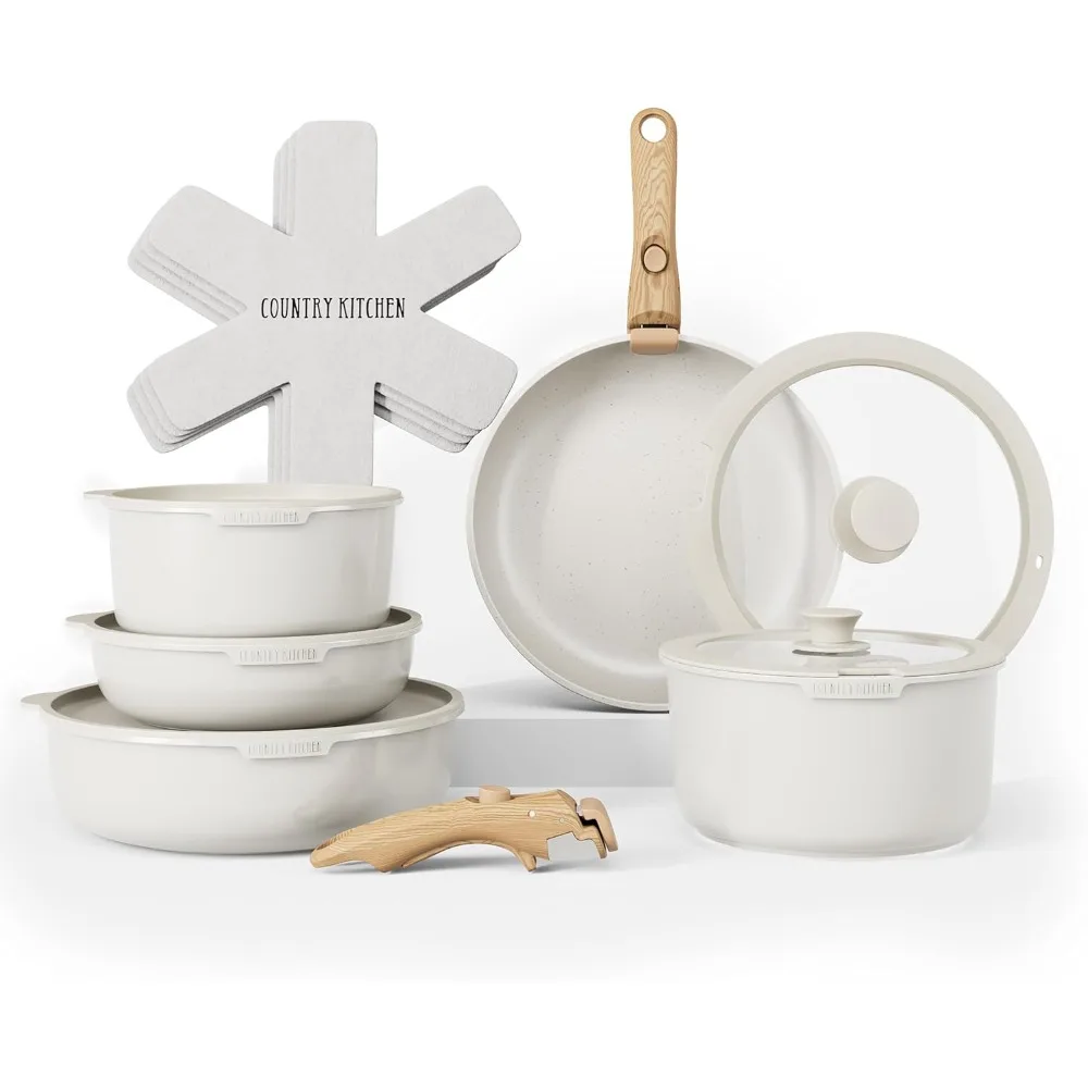 

Cookware Set with Removable Handle, Oven & RV Safe Pots and Pans Set, Cream Gold Speckle Wood Handle, Original