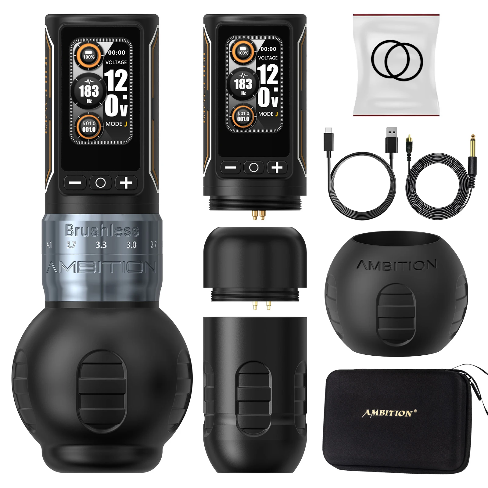 Ambitie Ninja Max 280 draadloze tattoo-machine 2,4 mm-4,5 mm verstelbare slag 54 mm + 34 mm grip borstelloze motor 2400 mAh batterijpen