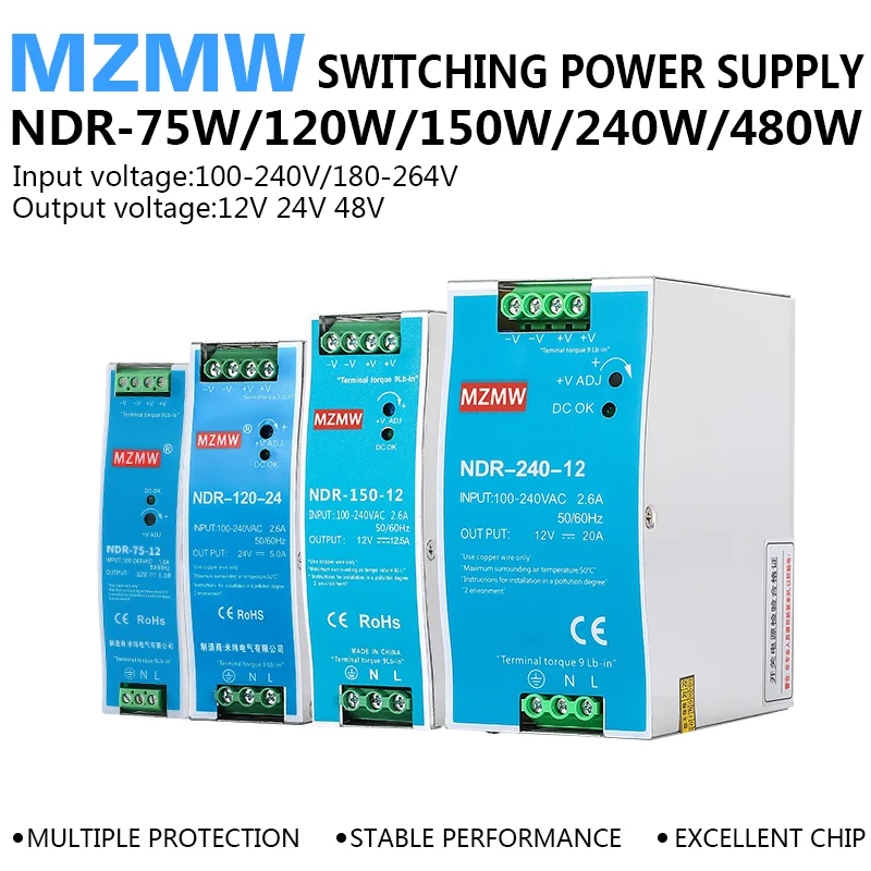 NDR-75W 120W 150W 240W 480W DIN Rail Switching Power Supply 12V 24V 100-240v AC To DC Industrial Transformer Led Driver