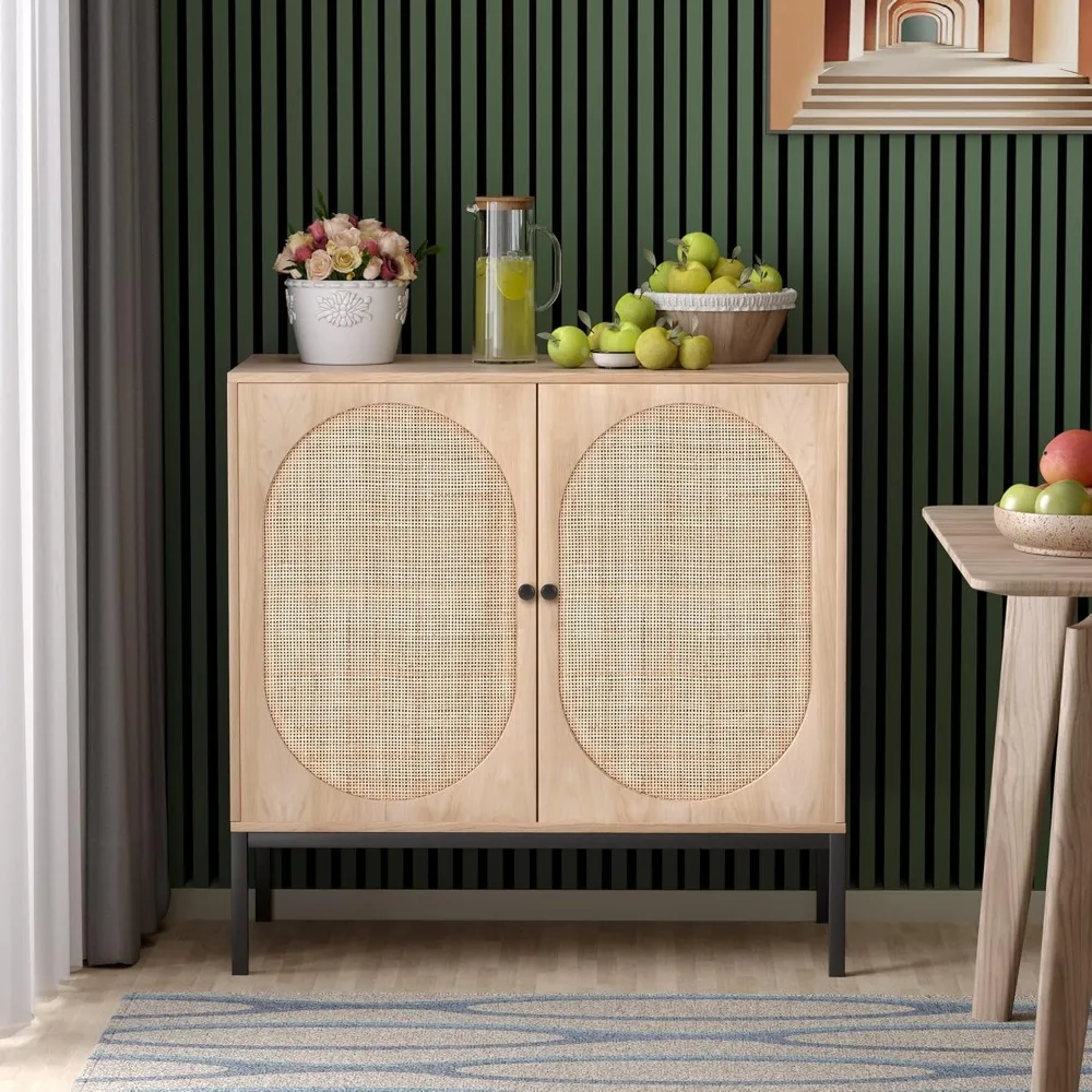 

Sideboard Storage Cabinet with Handmade Natural Rattan Doors, Rattan Cabinet Buffet Accent Console Cupboard