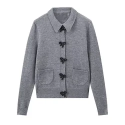 2025 WOMAN Winter New Fashion Lazy Style Bow Trimmed Buckle Knitted Cardigan Chic Lapel Casual Patch Pocket Coat Mujer