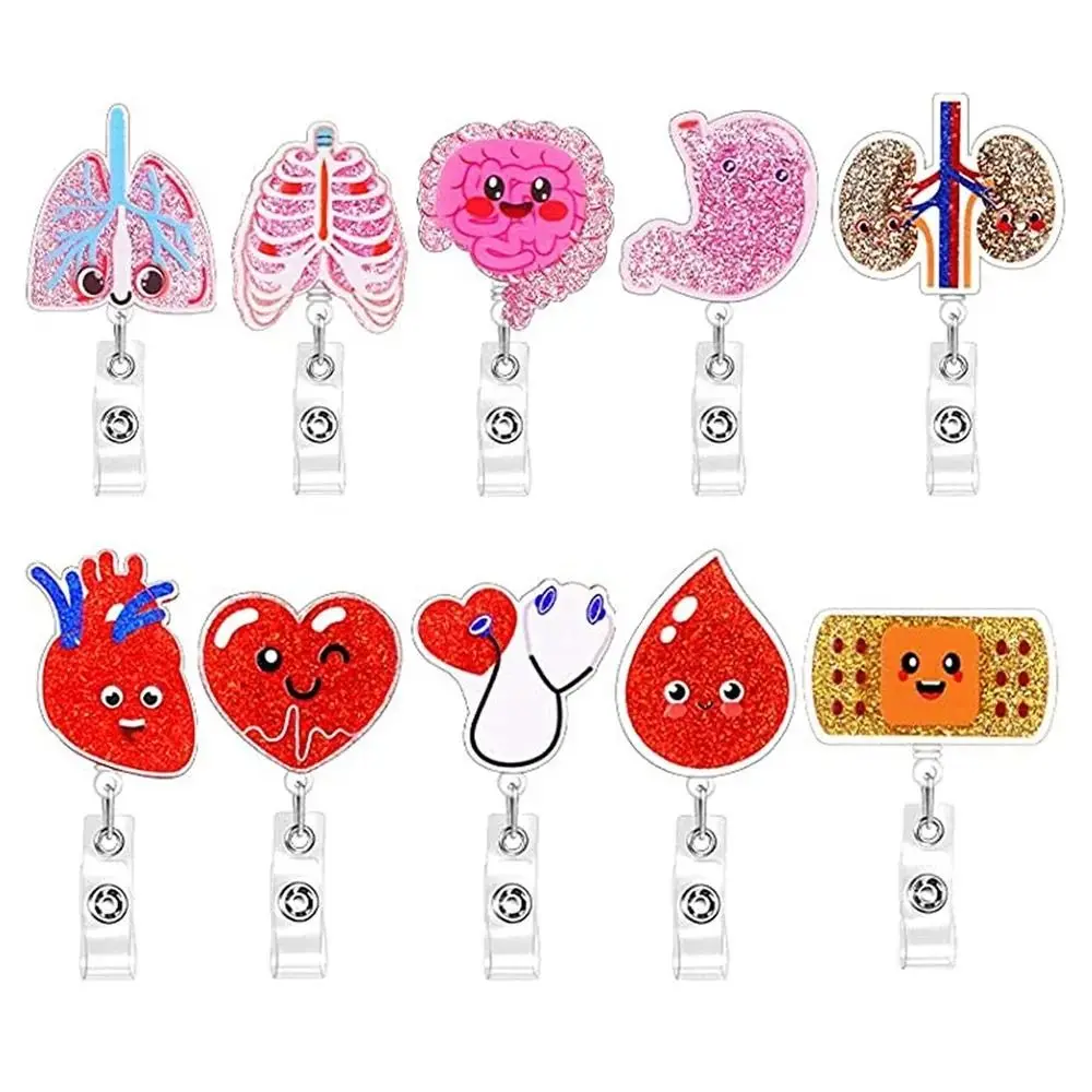 Human Organs Retractable Badge Reel 360 Rotating Name Tag ID Badge Holder Alligator Clip Glitter Easy Pull Buckle Hospital