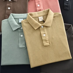 Summer American Retro 230g Heavyweight Short-sleeved Lapel Solid Color Polo Shirt Men's Fashion 100% Cotton Washed Casual Tops