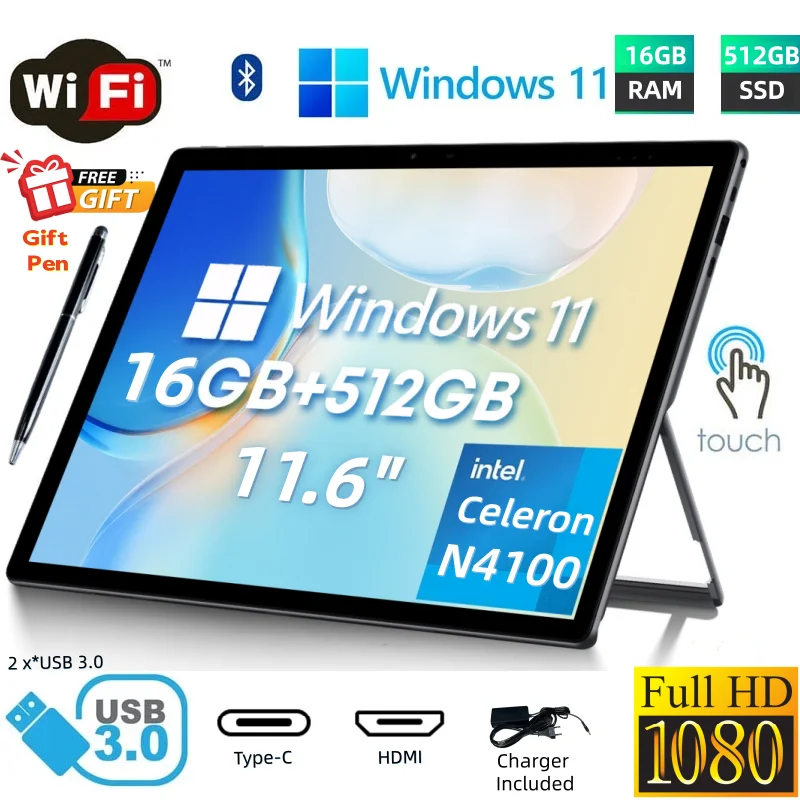كمبيوتر لوحي 64 بت من النوع C 11.6 بوصة يعمل بنظام التشغيل Windows 11 وذاكرة وصول عشوائي 8 جيجابايت/16 جيجابايت وذاكرة قراءة فقط 512 جيجابايت SSD N4100 1920x1080 IPS بلوتوث 4.2 كاميرا مزدوجة 2 × USB 3.0