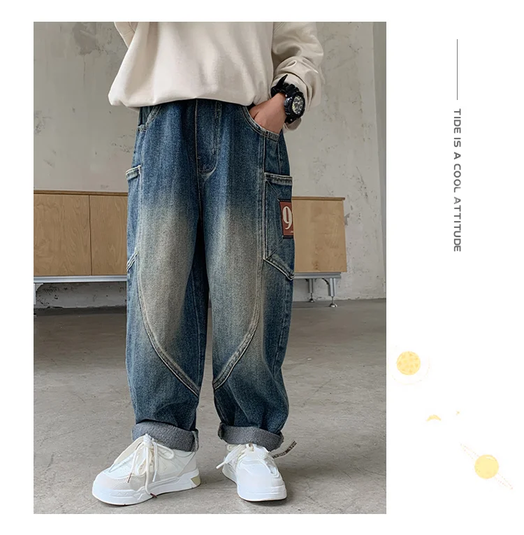 Modische Kinder-Designer-Cargo-Jeans mit Patchwork und Tasche für Schuljungen, hochwertige Denim-Hosen, Teenager- und Kinder-Luxuskleidung, Jeans – Detail 3