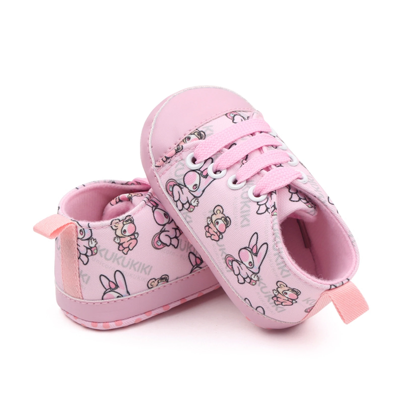 BeQeuewll Baby Boys Girls Crib Shoes Cartoon Print Tie-Up Sneakers Non-Slip Infant First Walkers For 0-18 Months