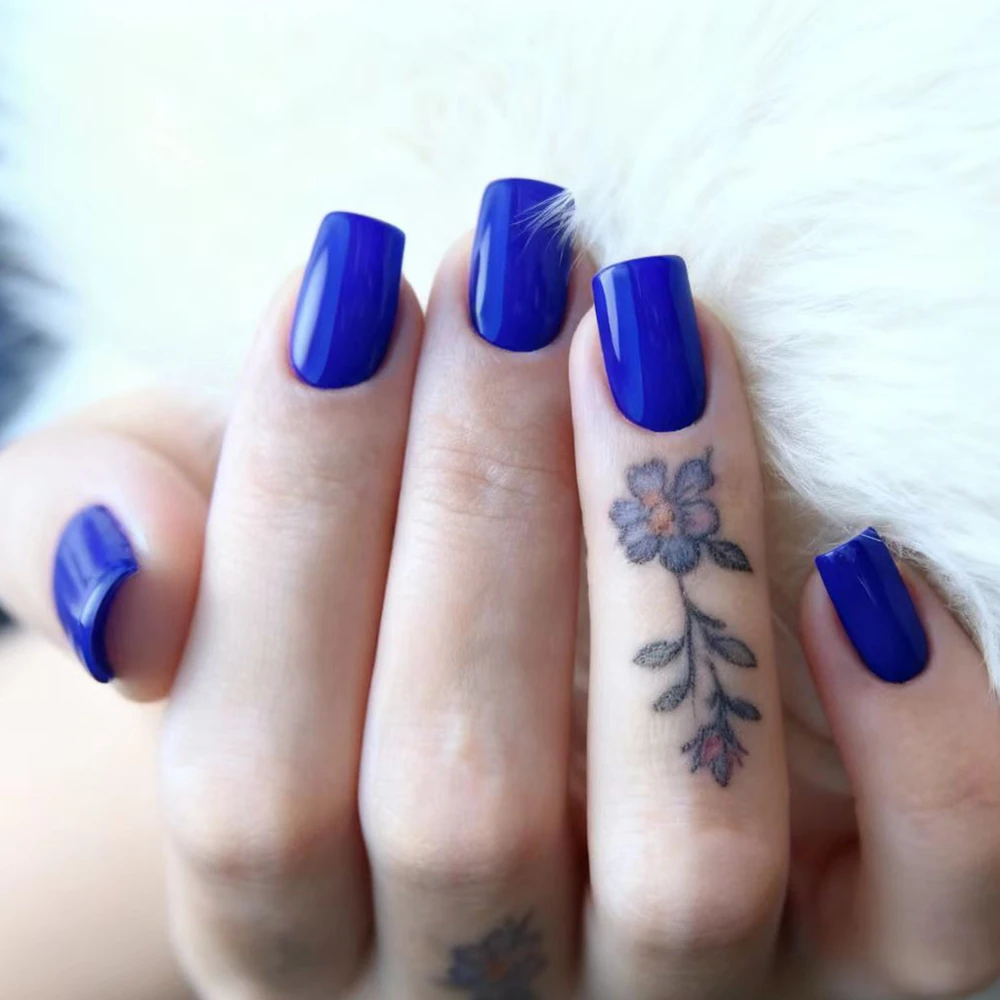 48 stuks koningsblauw druk op nepnagels met lijm kunstmatige lange vierkante kunstnagels DIY volledige dekking vingertop manicure tool