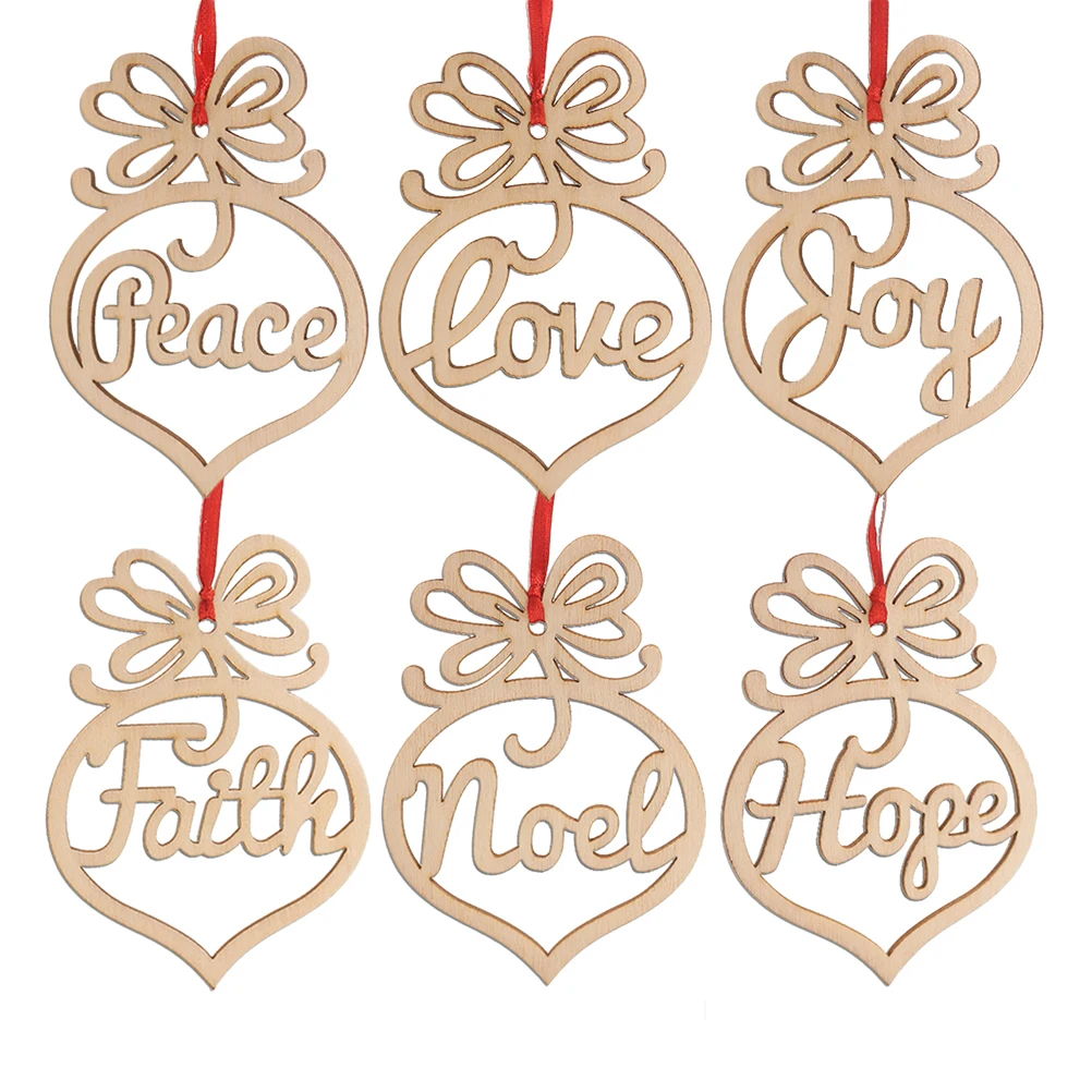 

6Pcs hollowed-out Christmas Pendant Peace Christmas Decorations Xmas Ornaments Tree Manual Hope Peace Joy Love Wooden for Child