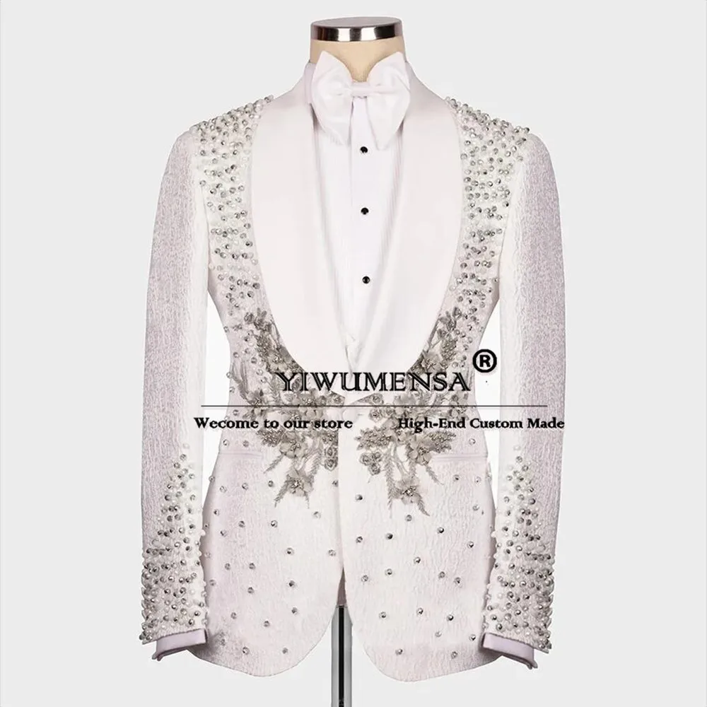 Vintage Jacquard Suits Men For Wedding Sliver Pearls Embroidery Prom Blazer Tailor-made Man Formal Party Groom Wear Tuxedo 2 PCS