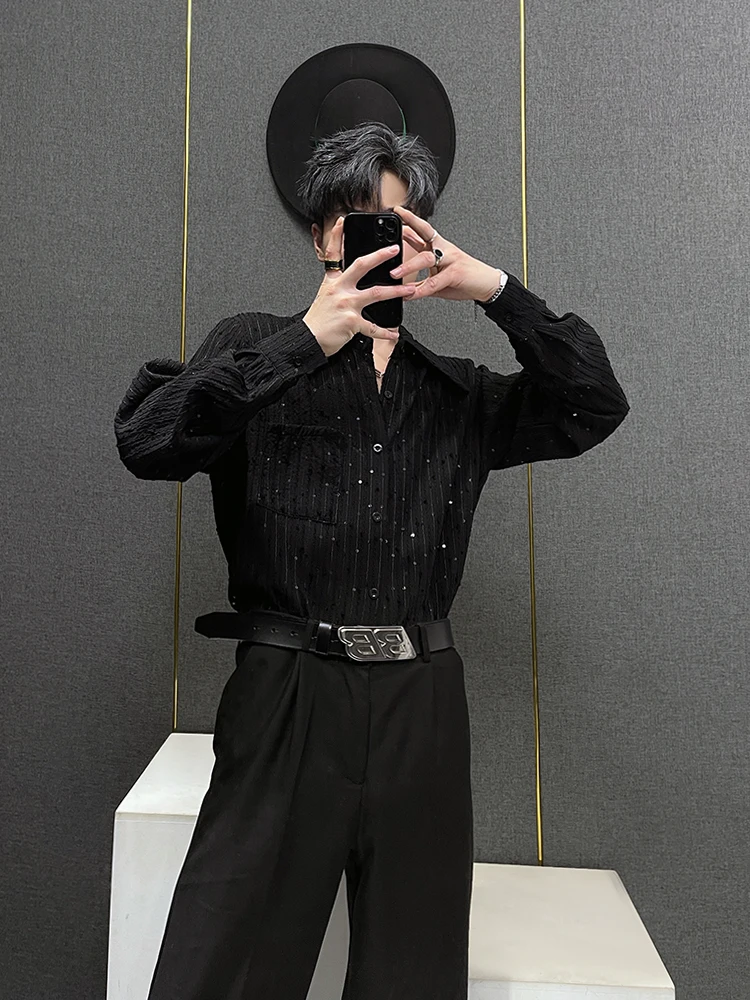 

Мужская свободная повседневная рубашка с длинным рукавом, яркими пайетками, в корейском стиле, модная, для весны и осени, молодежная, популярная