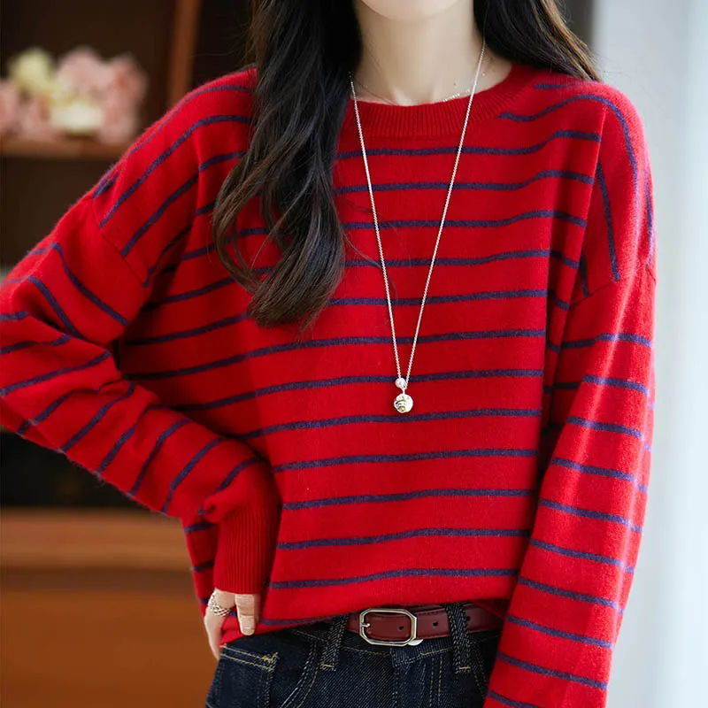 

Women Autumn Winter Pure Wool Sweater O-neck Striped Pullover Casual Loose Clothing 100% Merino Wool Knitwear Batwing Sleeve Top