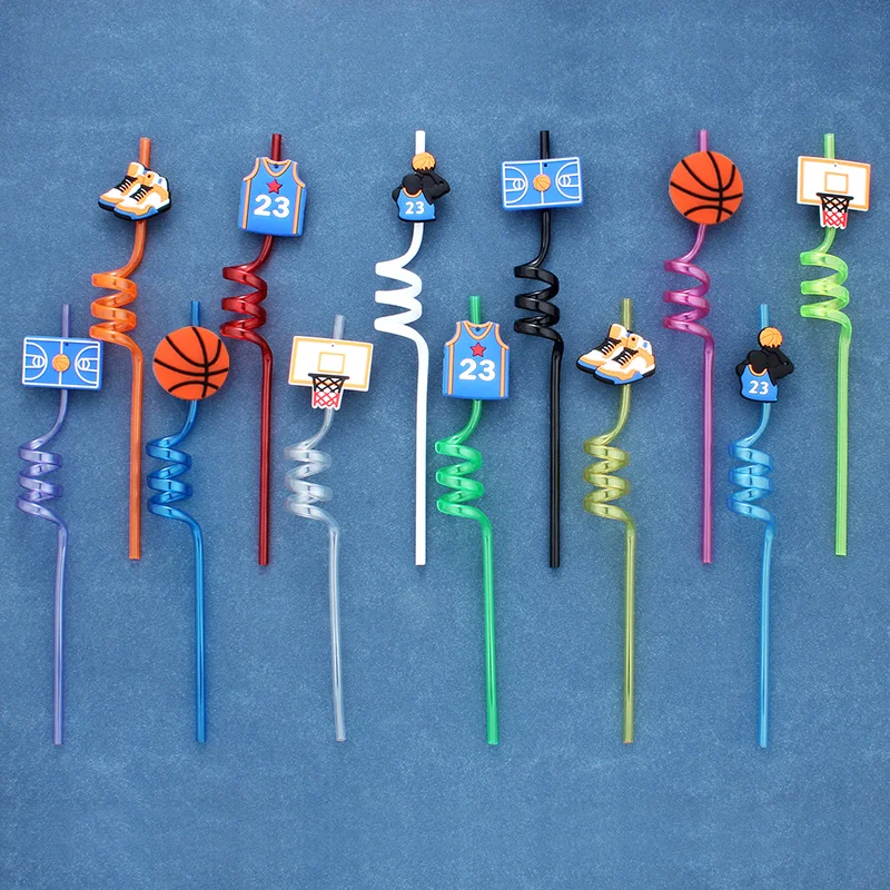 12pcs 26 cm basketball-themed party favors: Reusable plastic spiral straws perfect for basketball-themed birthday parties