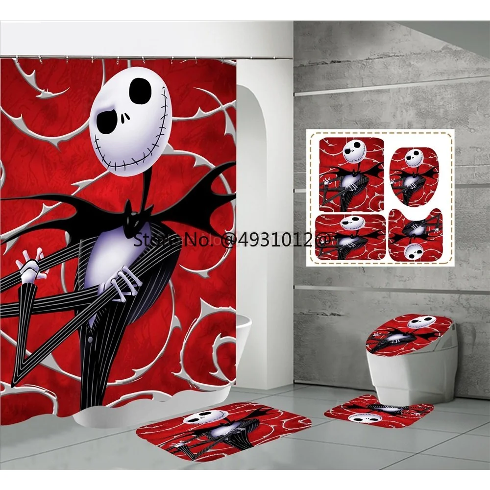  The Nightmare Before Christmas Shower Curtains Bathroom Set Anti-slip Rugs Toilet Lid Cover Bath Mat Anime Decor