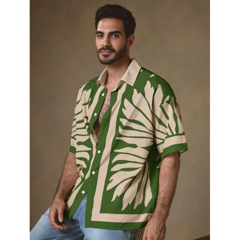 Summer casual Hawaiian shirt, men's relaxed and loose printed floral drape shoulderless woven shirt