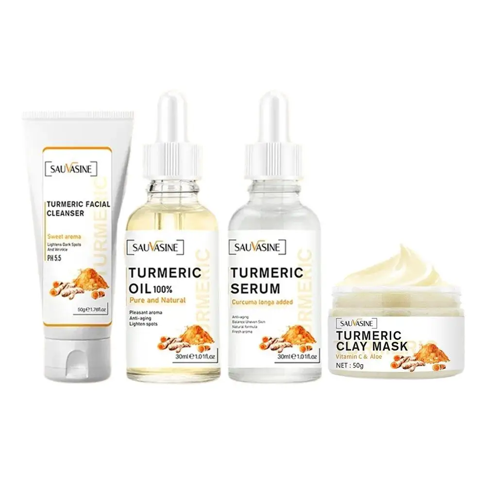 Ensemble de soins pour le visage au curcuma, crème nettoyante pour l'acné, dissolvant sombre, éclaircir les taches, anti-âge, blanchissant, sérum hydratant, Z1p6