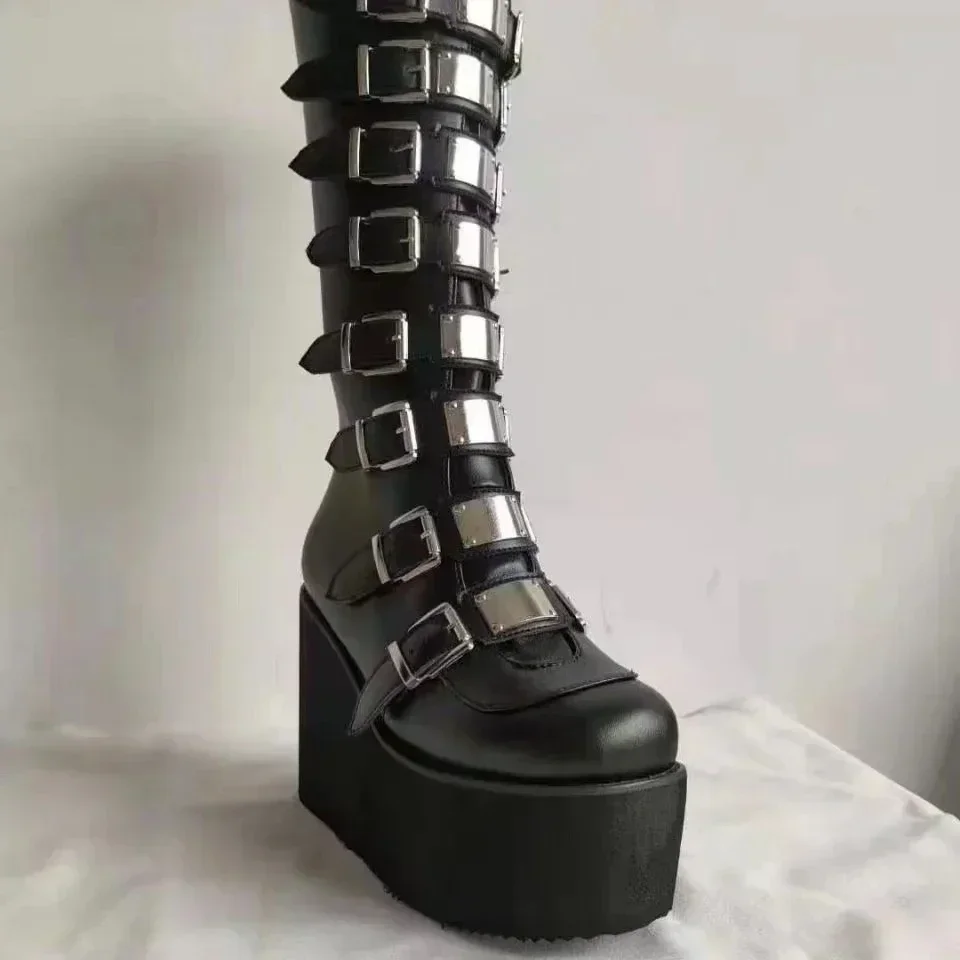 Punkowe buty damskie damskie Cosplay wysokie buty komfortowe długa rurka skórzane buty czarne platformowe wysokie kliny damskie buty gotycki styl