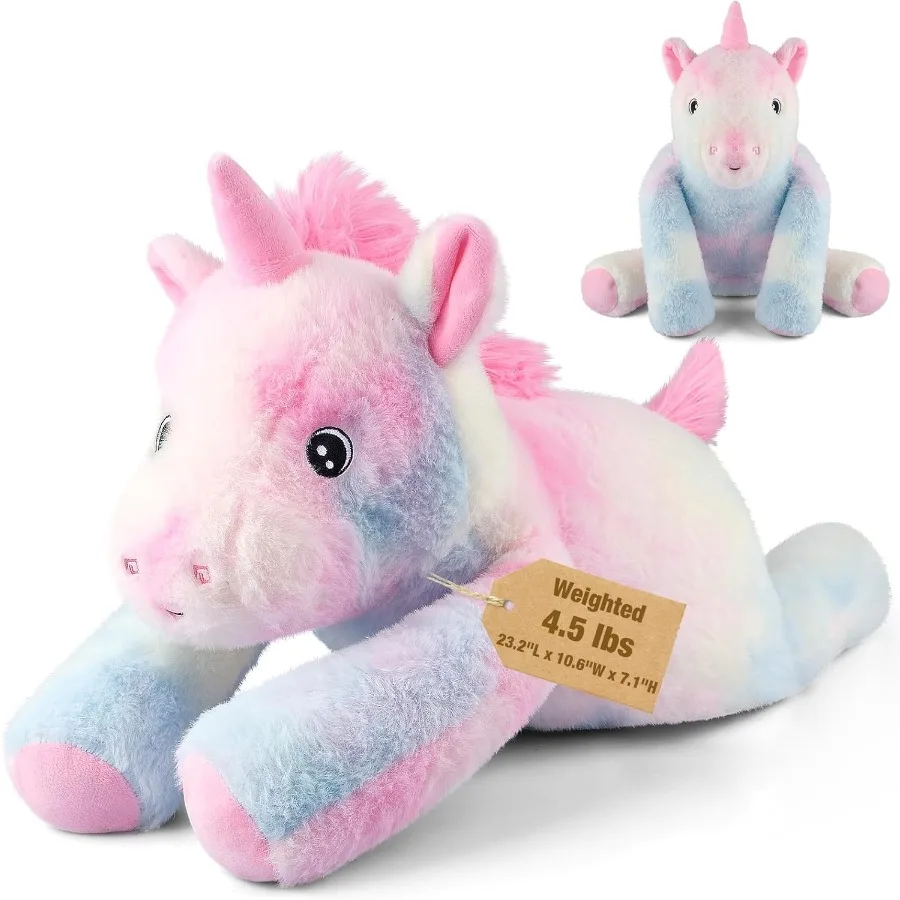 

24 Sitting Laying Unicorn Plush Toy Pillow 4.5lbs Weighted Stress Relief for Adults Soft Pink Fleece Material Removable Inner B