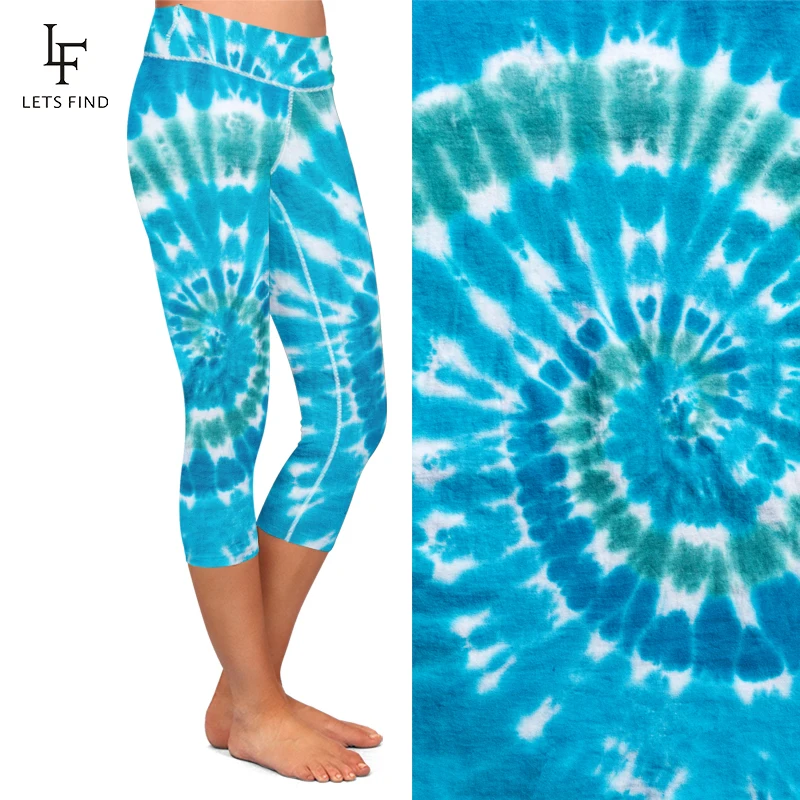 LETSFIND New Women Stretch Capri Pants Blue Tie-dye Print High Waist Mid-Calf Casual Fitness Leggings