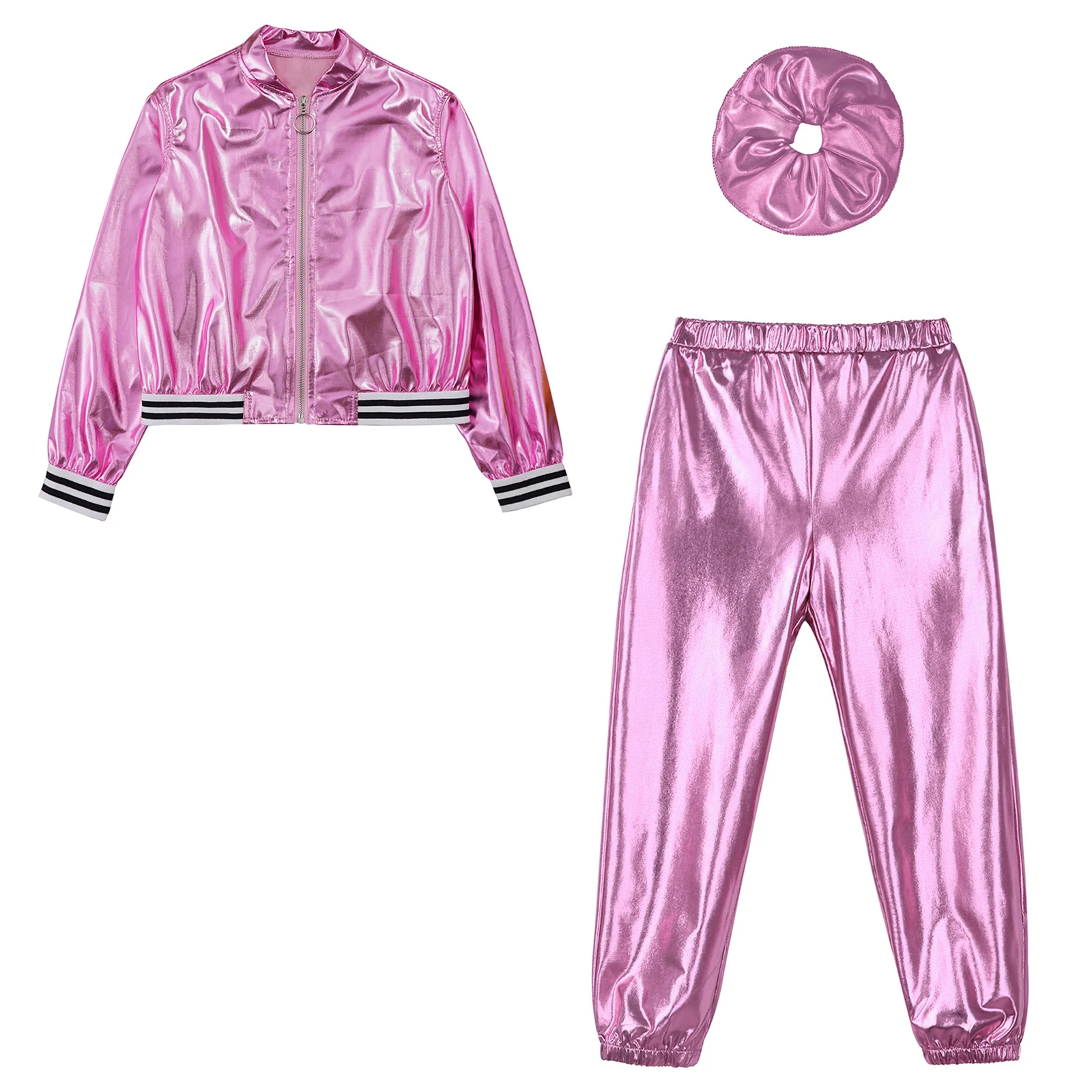 Kids Girls Street Dance Outfit Jazz Dancing cosupes giacca metallica a maniche lunghe con pantaloni lucidi moda bambini Streetwear