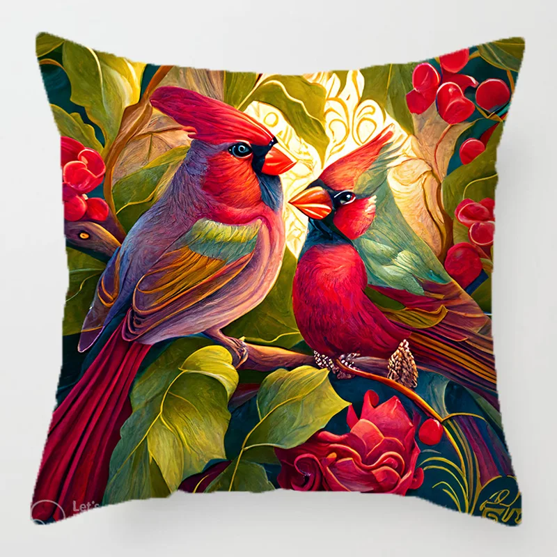 Bird, flower and parrot pattern throw pillow cover with short plush print for living room sofa decoration cushion cover