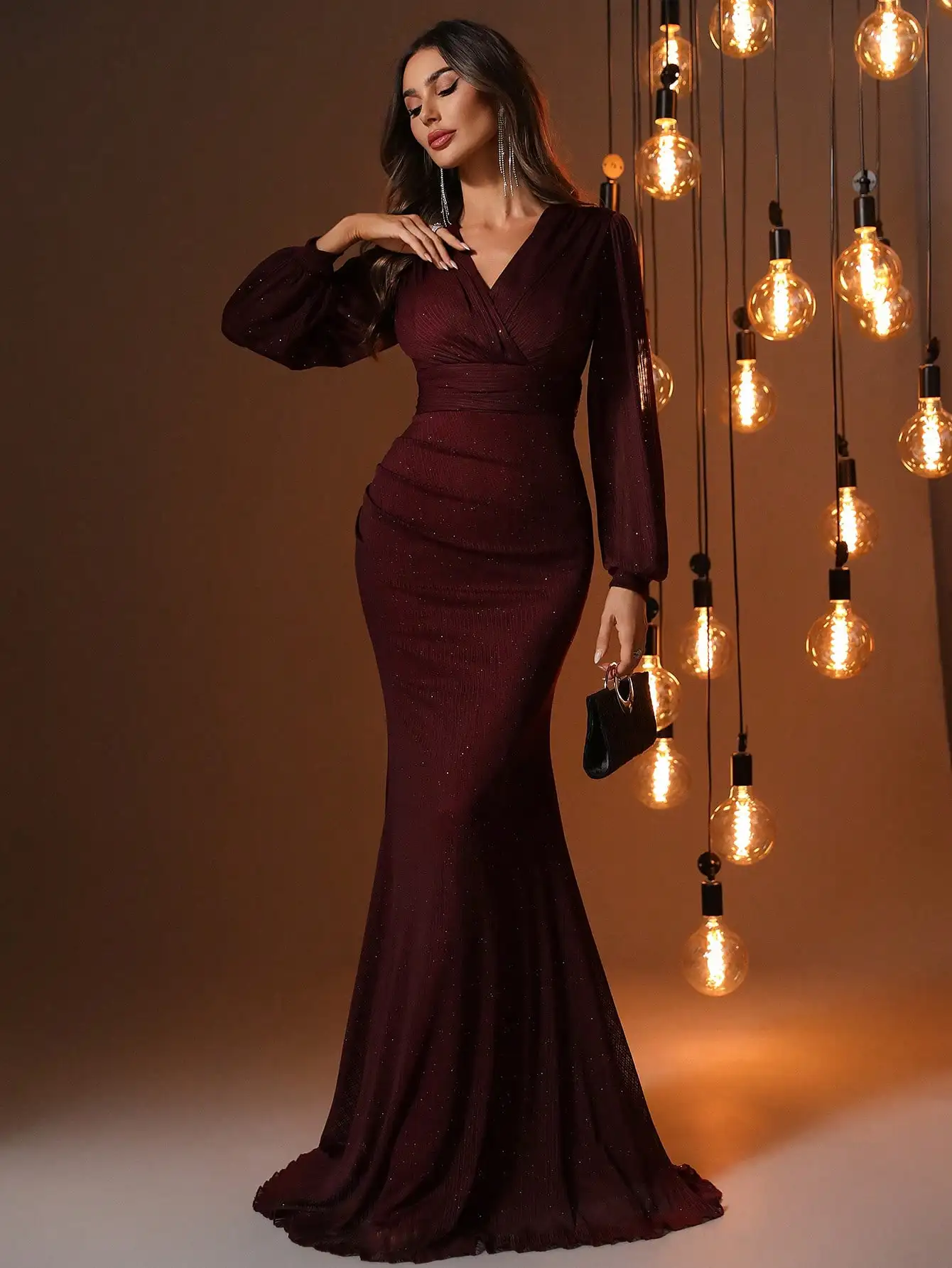 

Burgundy Long Sleeve Glitter Gown with Draped V-Neck and Mermaid Hem
