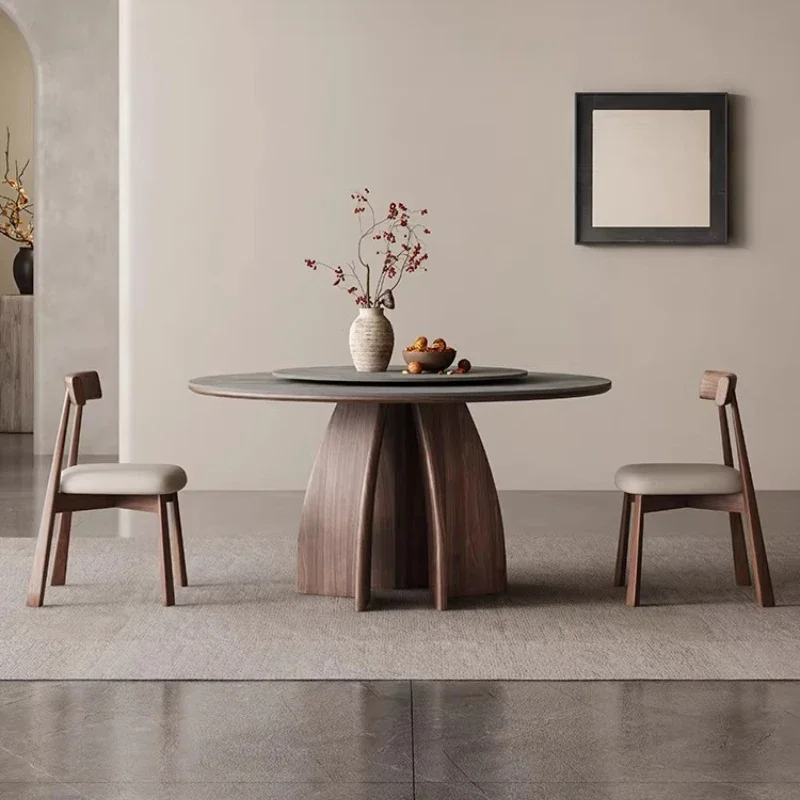 Modern Luxury Solid Wood Rock Slab Round Dining Tables And Sets With Turntable 6 4 Chairs Dining Rooms Tables Pliante Furniture