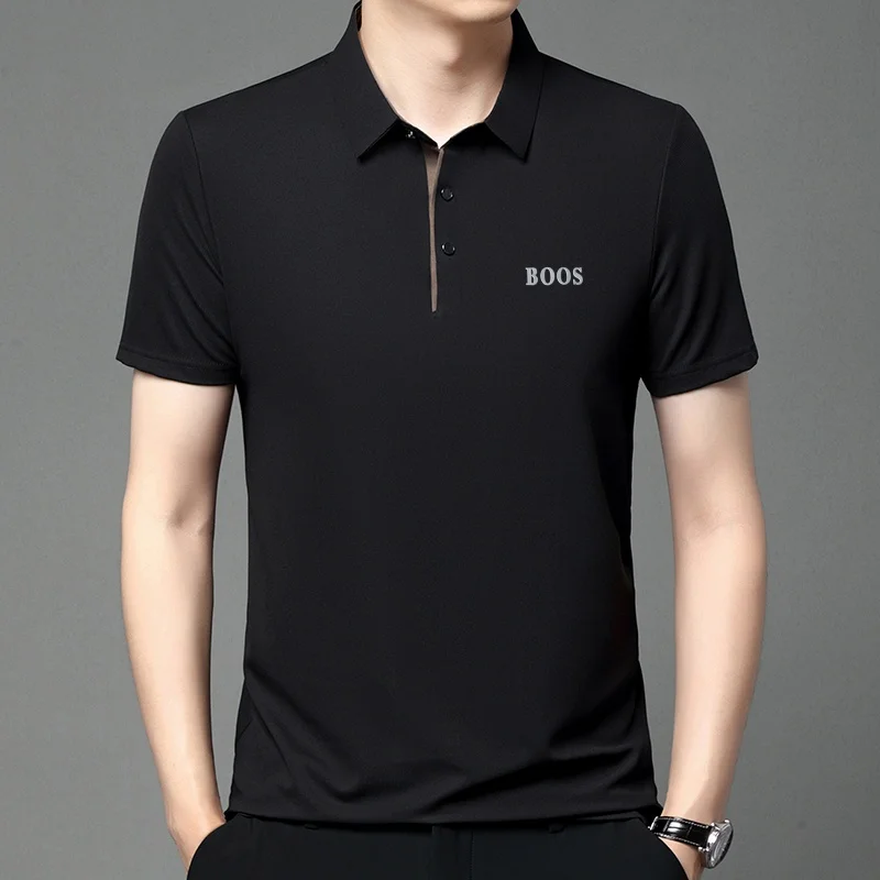 Freizeit-Herren-Kurzarm-Poloshirt mit Revers-Knopfleiste, Einfarbig mit Schriftzug, Bequemes Atmungsaktives Trendiges Herren-T-Shirt – Detail 24