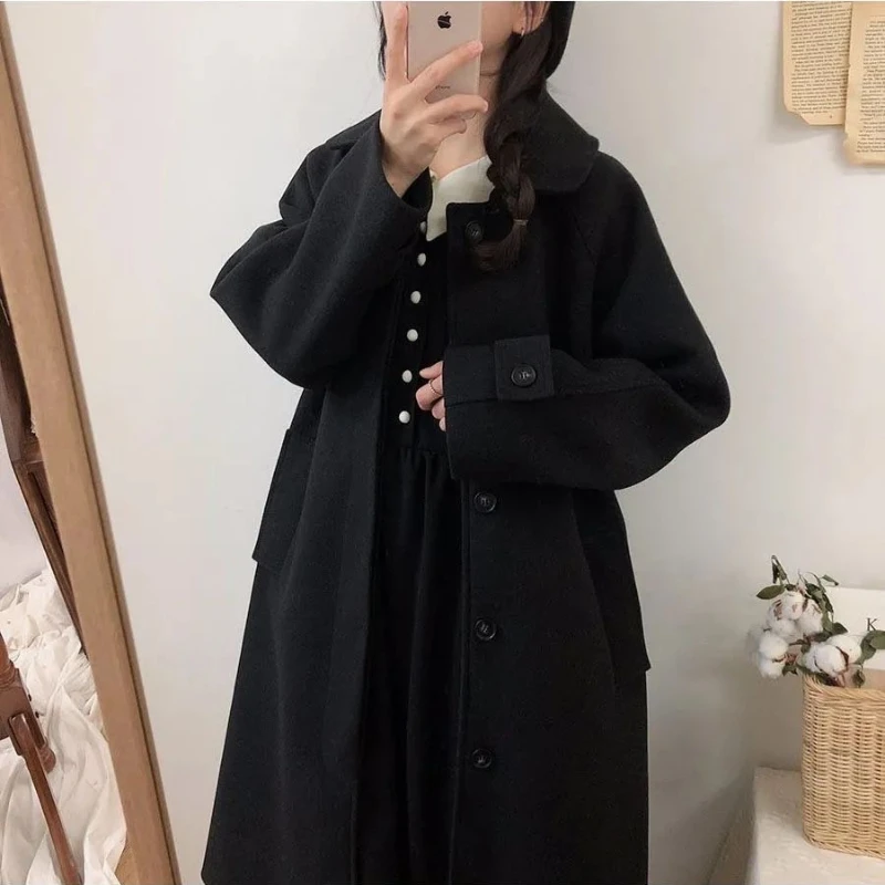 

Черные смешанные женские двубортные корейские стильные новые осенне-зимние уличные модные винтажные элегантные однотонные простые удобные
