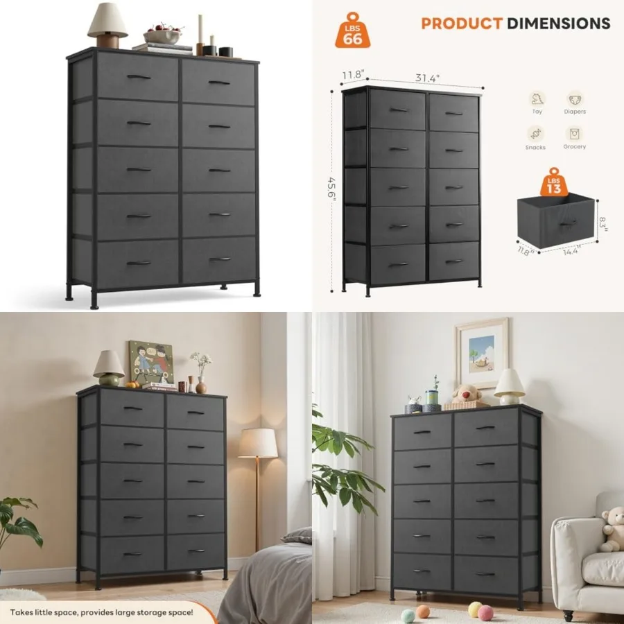 

10 Drawer Dresser, Tall Fabric Dresser for Bedroom, Storage Tower with Bins Chest Organizer Unit for Closet, Hallway, Steel Fra