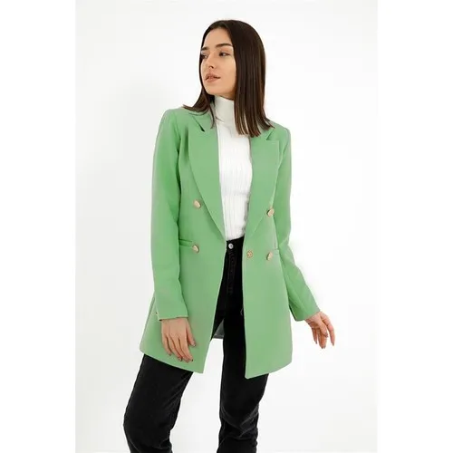 Shoulders With Shoulder Pads Front Snaps Atlas Fabric Women \'S Blazer Jacket