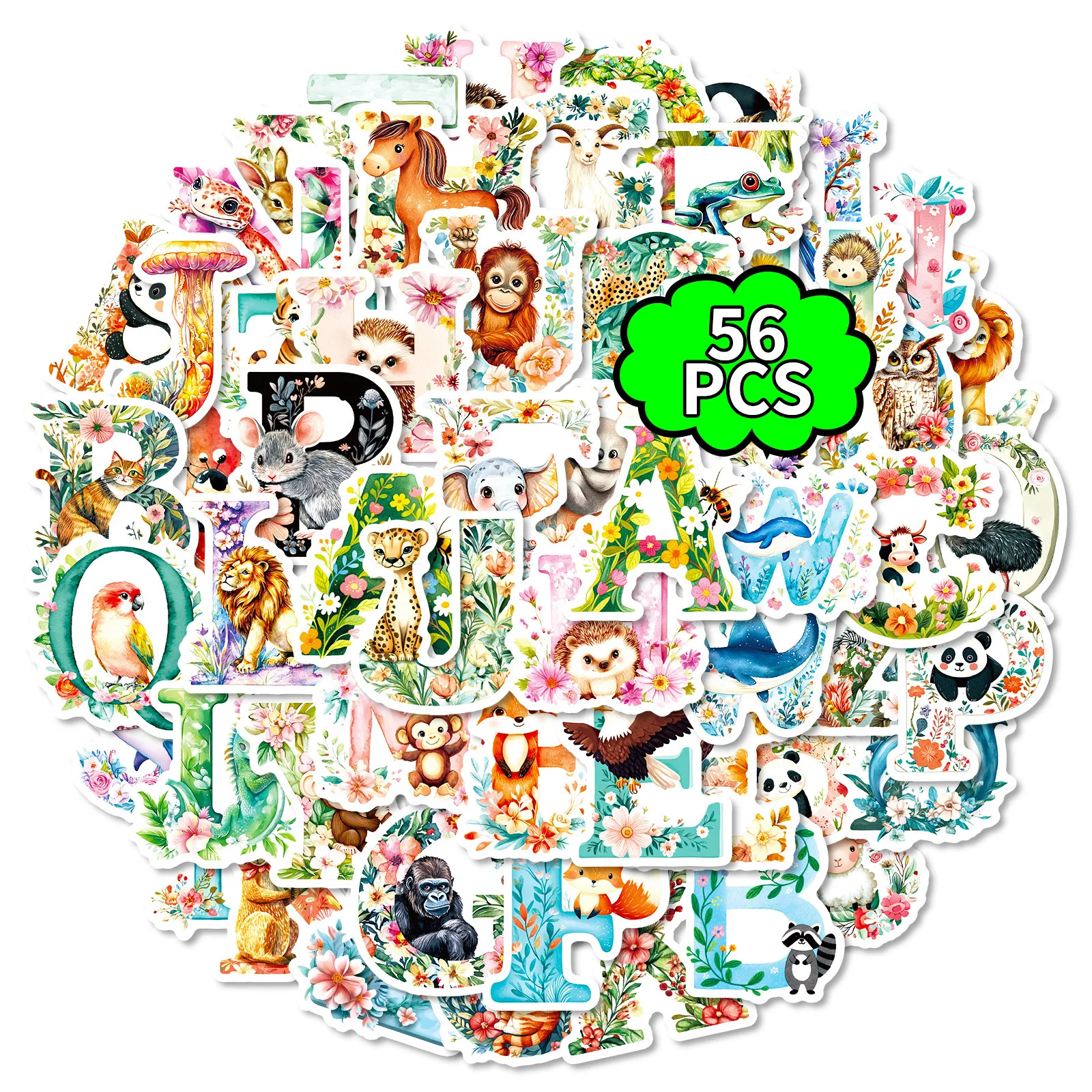 สติกเกอร์ตัวอักษรลายดอกไม้สัตว์น่ารัก 56 ชิ้น สไตล์สีน้ำ สติกเกอร์ตกแต่งตัวอักษรภาษาอังกฤษแบบสร้างสรรค์