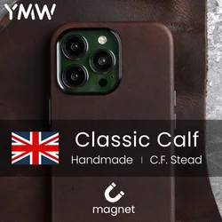 YMW Magnetic Classic Calf Genuine Leather Case for iPhone 13 Pro Max Business Retro Natural Cowhide Phone Cases Back Cover