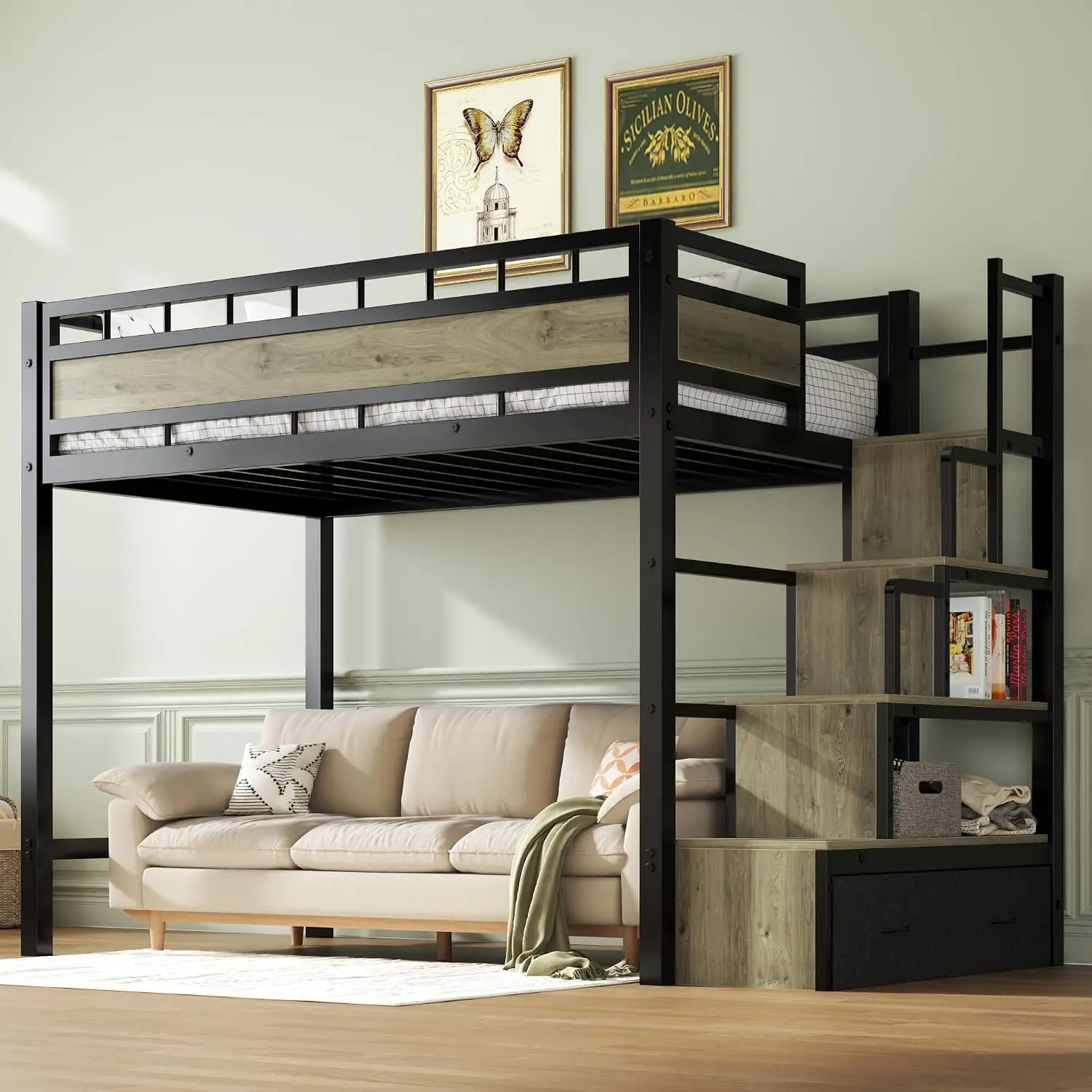 Twin Size Loft Bed with Storage Stairs and Drawers, Upgraded, Heavy Duty Metal, Safety Guardrail