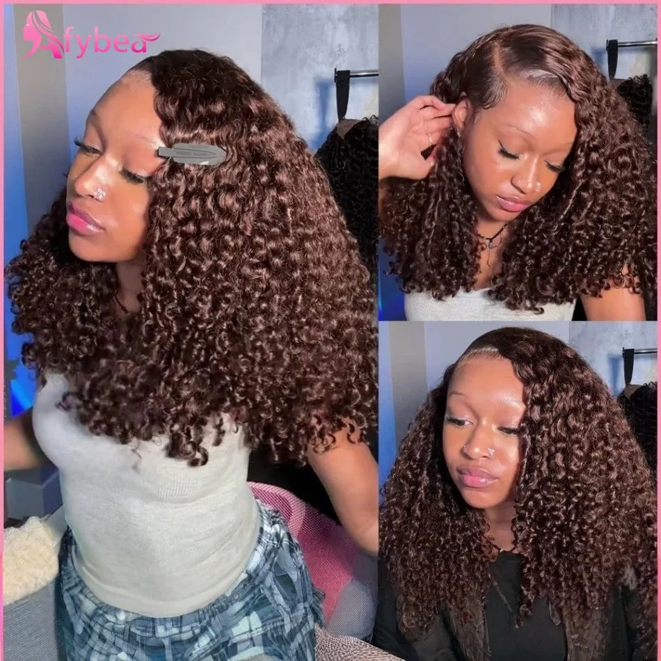 Peluca de Cabello Humano Rizado con Frente de Encaje, Color Marrón Chocolate, Pelucas con Frente de Encaje HD 13X6, Densidad 250, Cabello Brasileño Ondulado Profundo de 34 Pulgadas