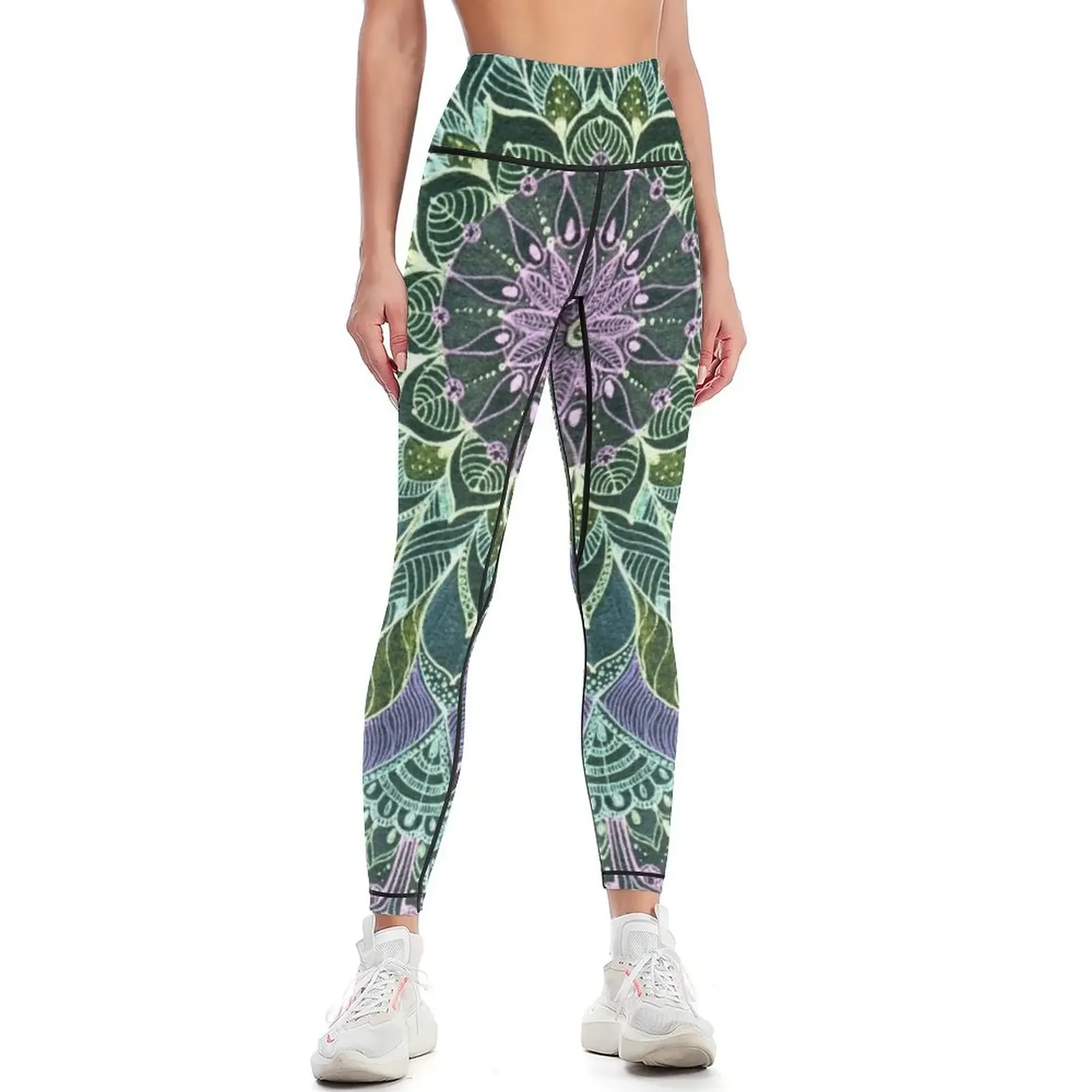 

Hand Drawn Pink Purple Mandalaon Dark Leggings gym top workout shorts active wear Women's gym Womens Leggings