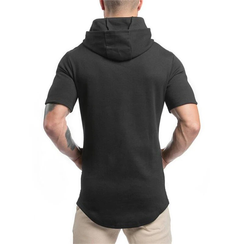Gym Bodybuilding Running Sport Hooded T-shirts Mens Fitness Short Sleeve Muscle Muscle Shirts Cotton Breathable Slim Fit Hoodie