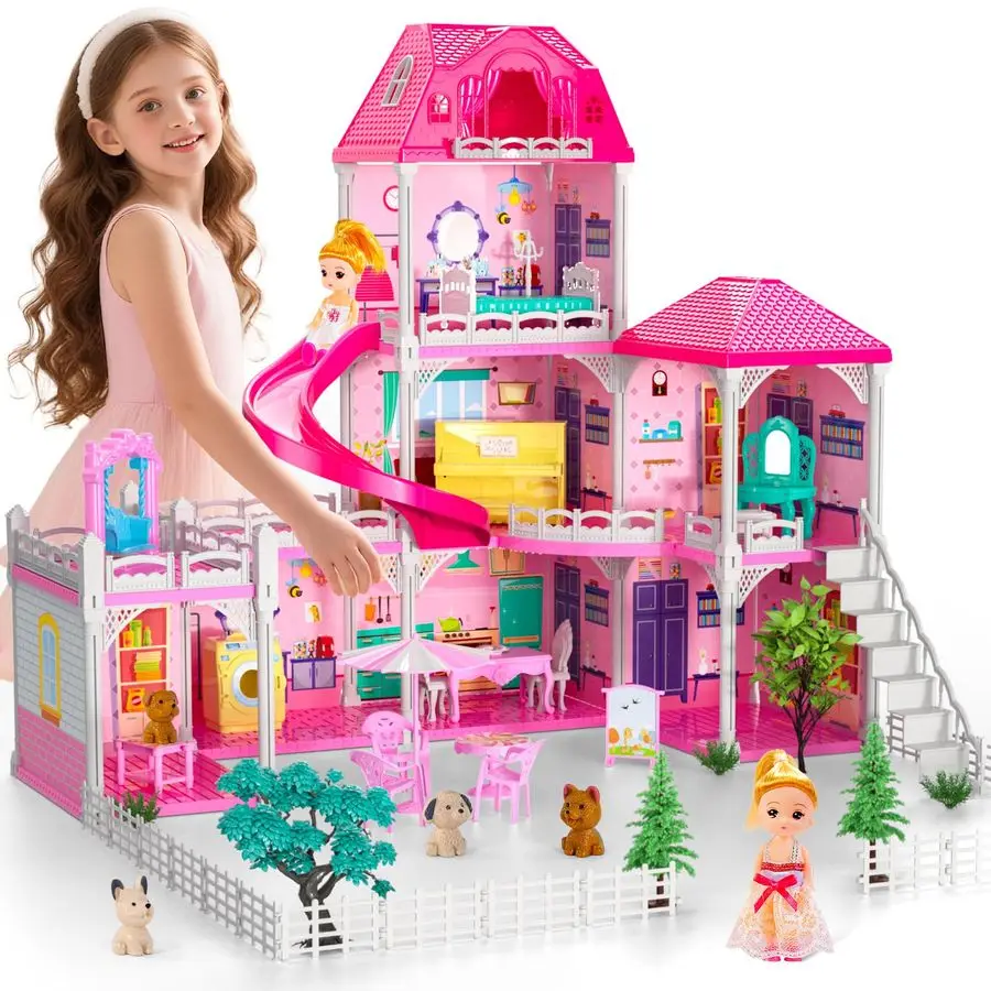 

3Level DIY Dollshouse for Girls with 7 Themed Rooms, 2 Dolls amp 4 Dogs Dolls House Toys with Slide, Furniture amp Accessories f