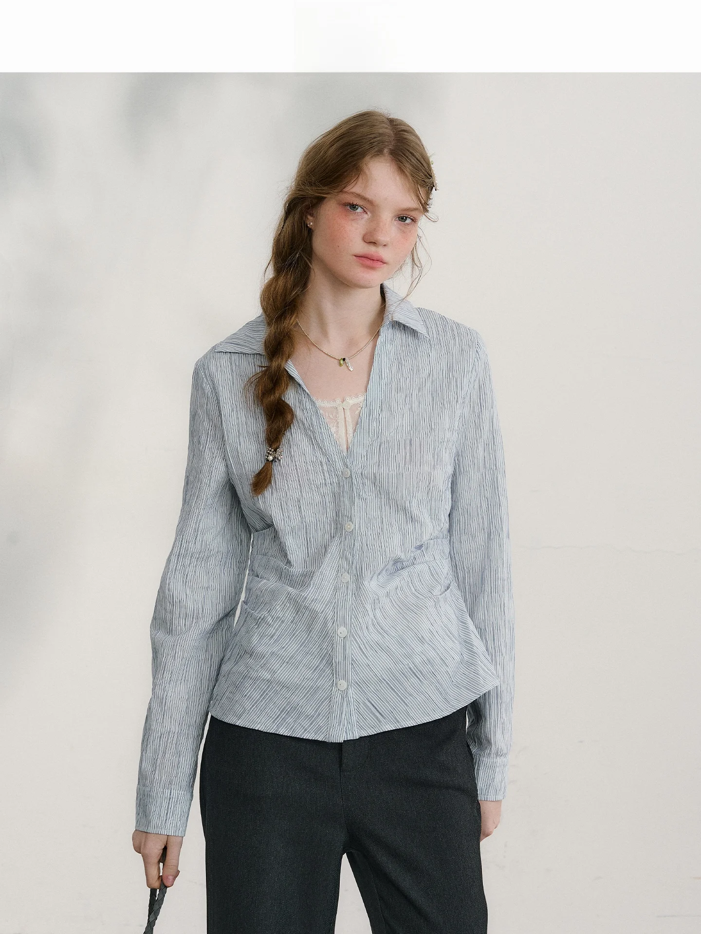 

LOLOL Spring Sea Foam Fake Two-Piece Long Sve V-Ne Waist-Cinching Women's irt Cotton Blend Breathable Casual Top