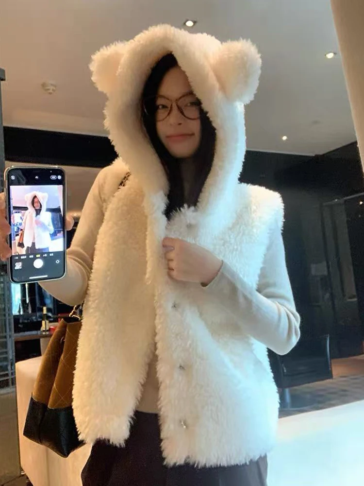 Winter Faux Lambs Hooded Vest Women Y2K Cute Bear Ears Loose Casual Jacket Female Streetwear All Match Sleeveless Plush Coats