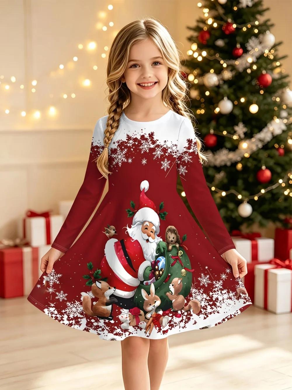 Kids Dress Christmas Tree Snowflake Print Round Neck Casual Comfortable Autumn Winter Long Sleeve Dress Gift Children's Clothing