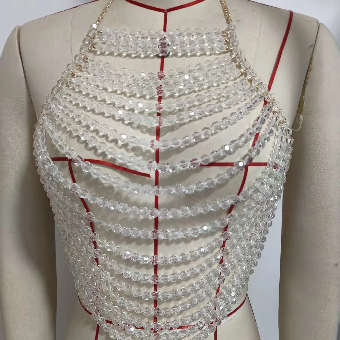 Transparent Multi-layer Vest Tops Handmade Beading Bra Chain Crop Tops Sexy Night Club Dance Costume Vest Breast Body Jewelry