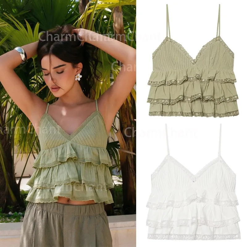 Fanan Women's Cotton Green White Ruffled Tiered Cami Top Lace Trim Spaghetti Strap Cropped Boho Beach Vacation Summer 2026
