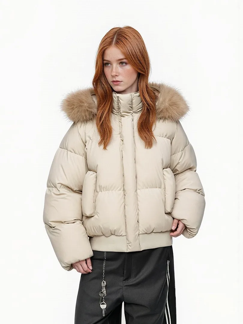 

Detachable Large Fur Collar Hooded Cotton Jaet Men's Thiened ort Winter Bread Clothes Couple Cotton Coat Outerwear