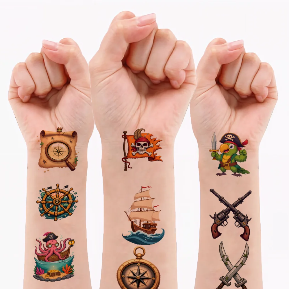 

108 шт., временные татуировки, пиратские символы, мультяшные карты сокровищ, попугаи, водонепроницаемые долговечные наклейки на тело для плеч
