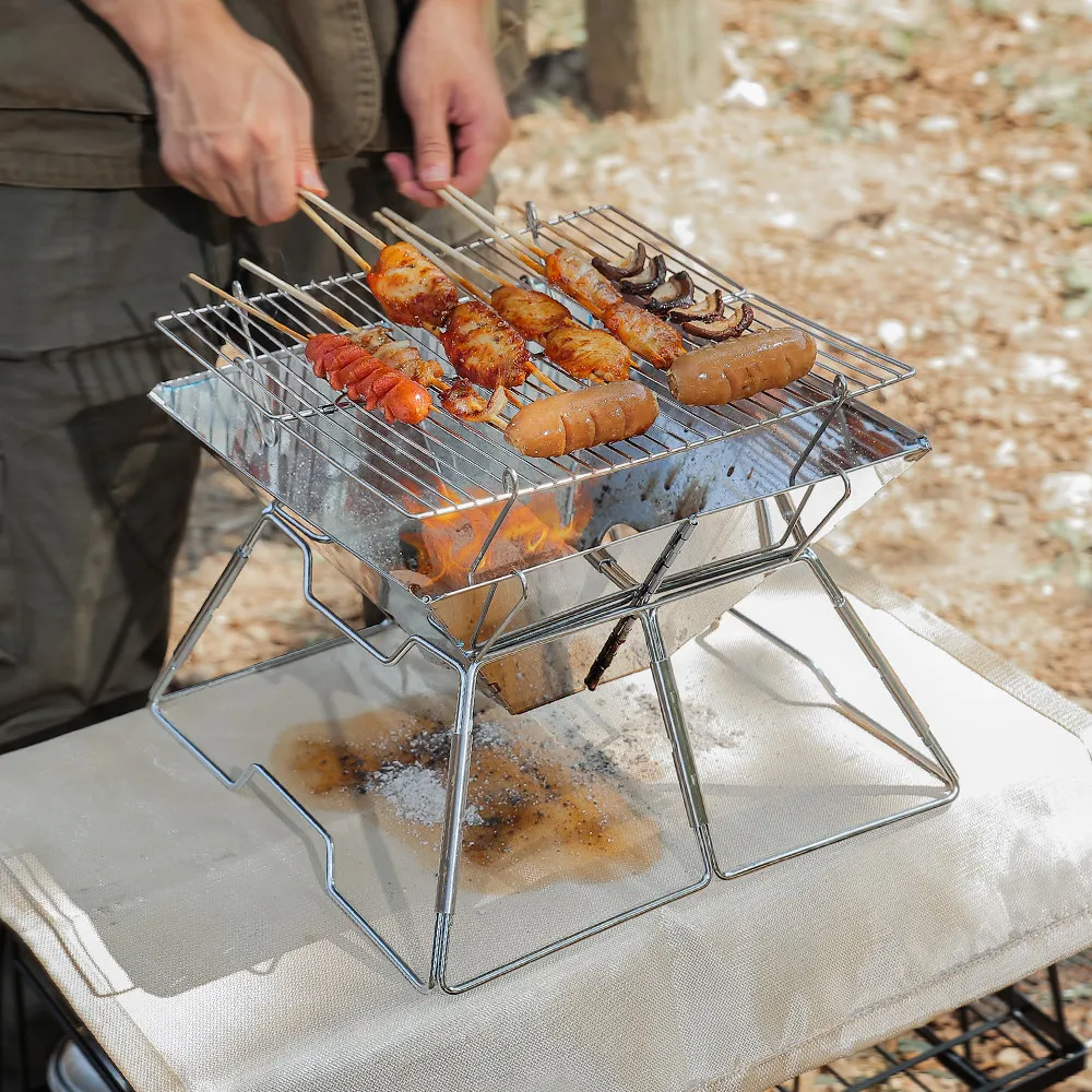 For Camping Stainless Steel Charcoal Grill, Detachable & Height Adjustable BBQ Stove for Outdoor Picnic