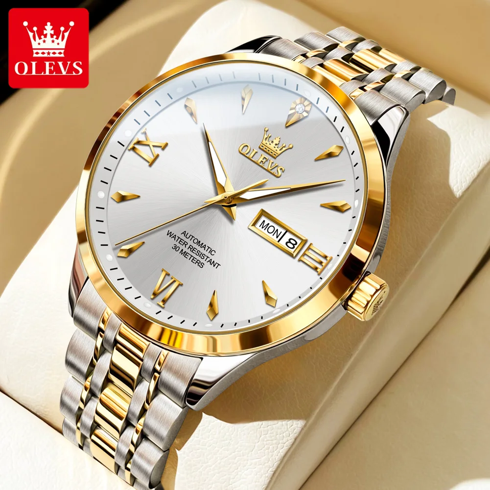 OLEVS 2024 New Men's Mechanical Watch Waterproof Luminous Stainless Steel Week Date Business Automatic Watch for Men Wrist watch